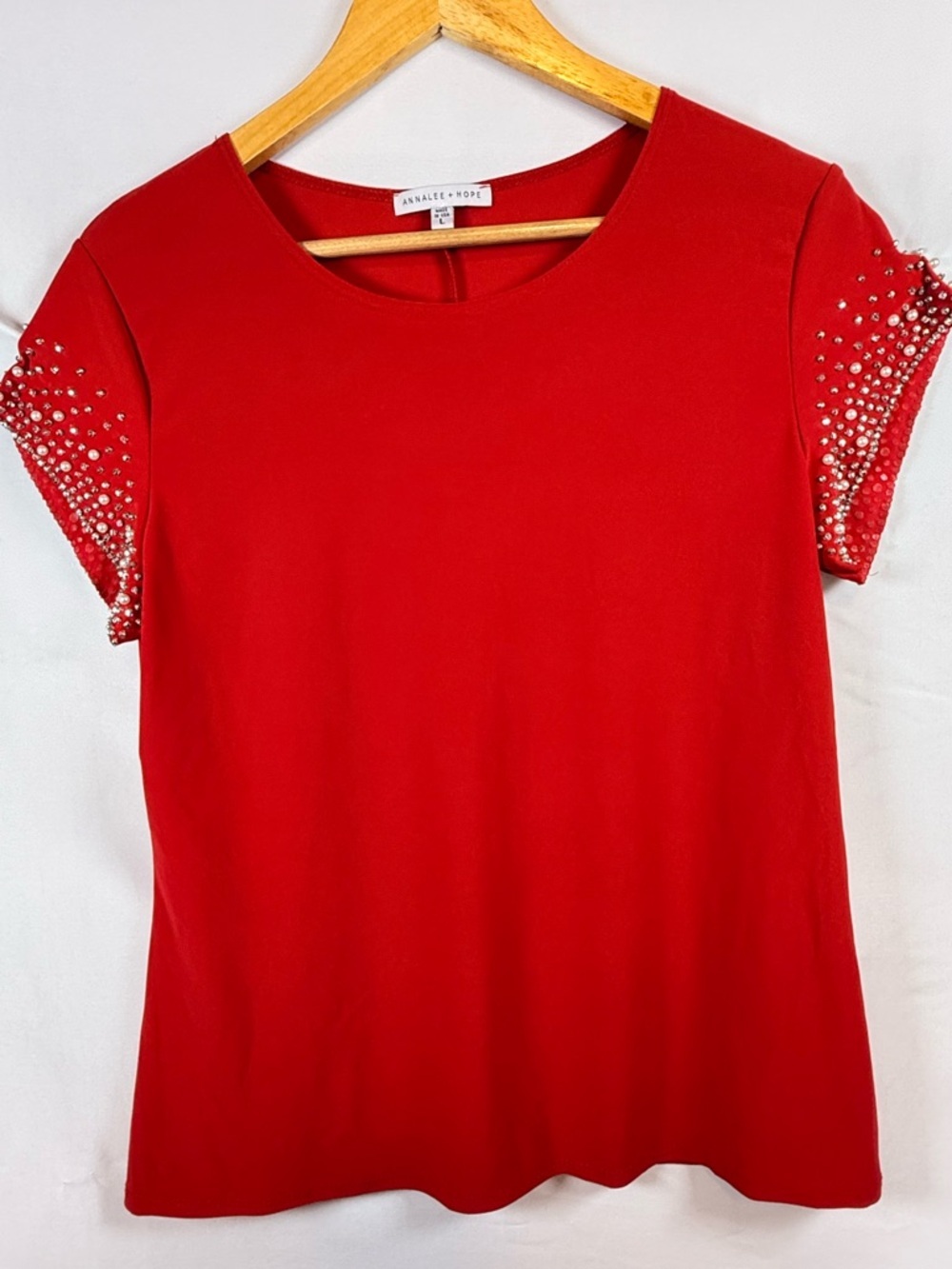 Annalee + Hope Red Short Sleeve Top with Beaded Sleeves